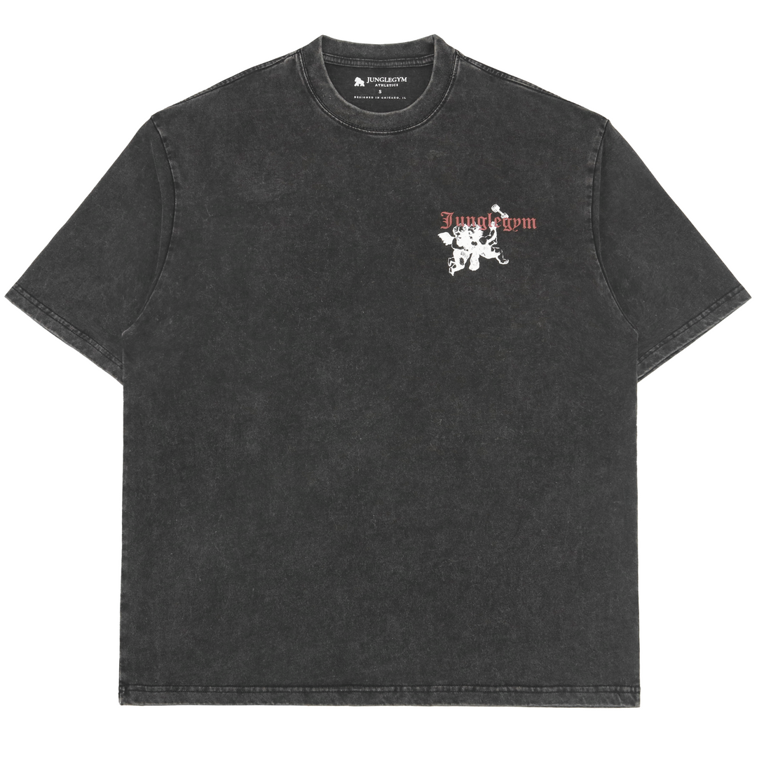 Oversized Falling Angels Print T-Shirt - Black Acid Washed