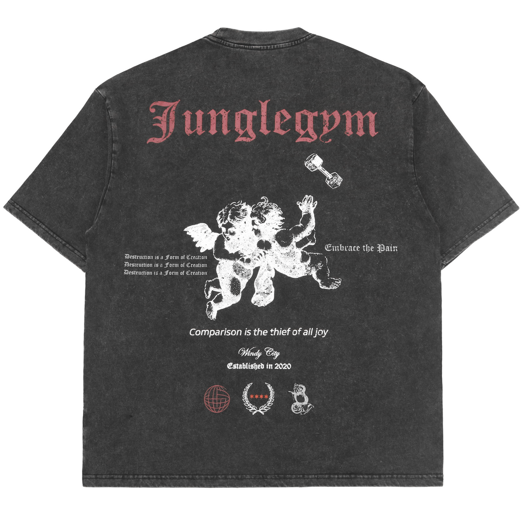 Oversized Falling Angels Print T-Shirt - Black Acid Washed