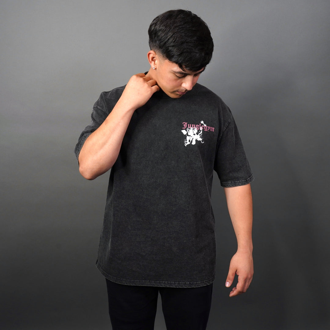 Oversized Falling Angels Print T-Shirt - Black Acid Washed